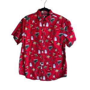 Denim Flower Men's Christmas Holiday Theme Red Short Sleeve Shirt Size Large